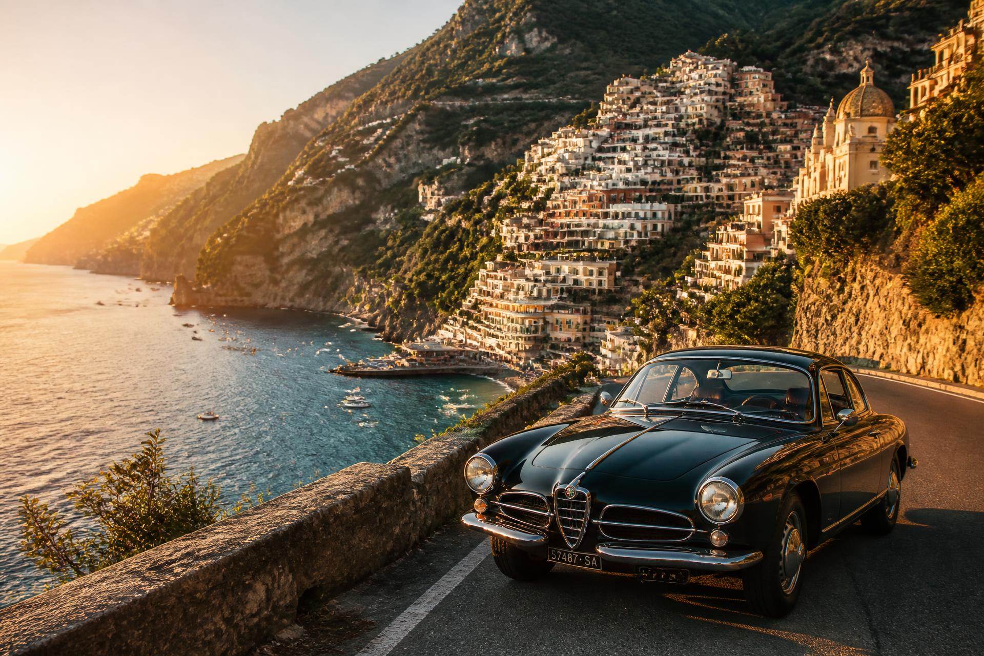 Amalfi coastline at golden hour with a vintage car overlooking Mediterranean water